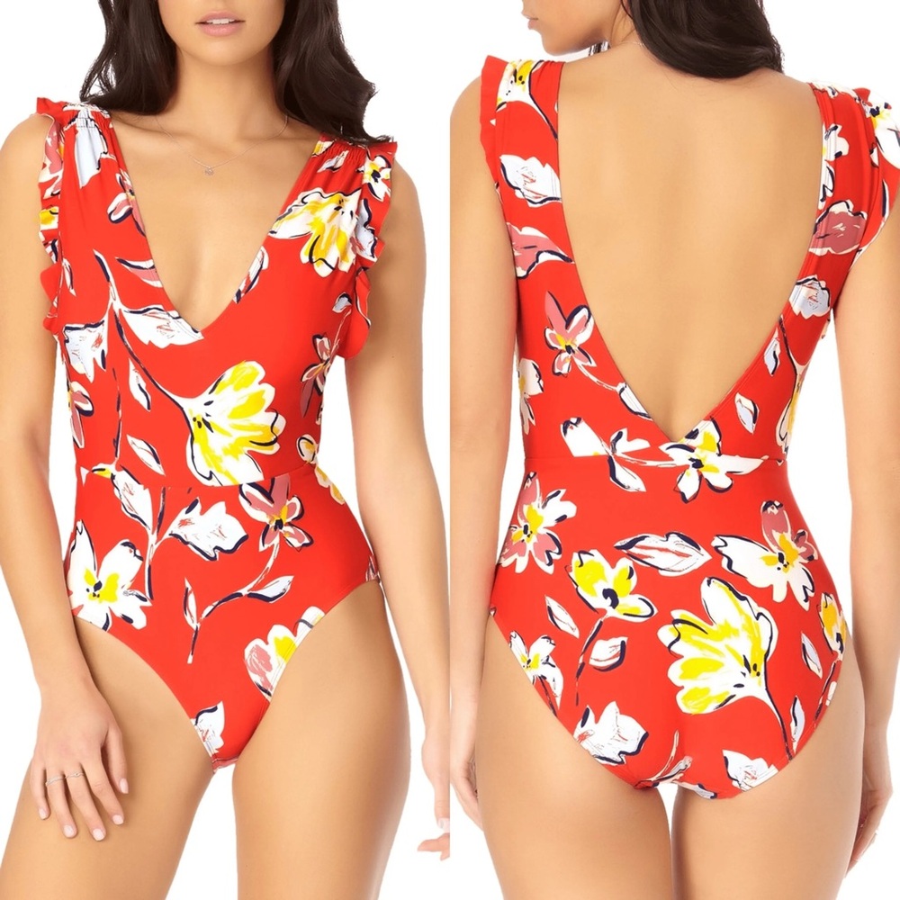 CATALINA Ruffle Shoulder One Piece Swimsuit Plunging V Red White Yellow Floral